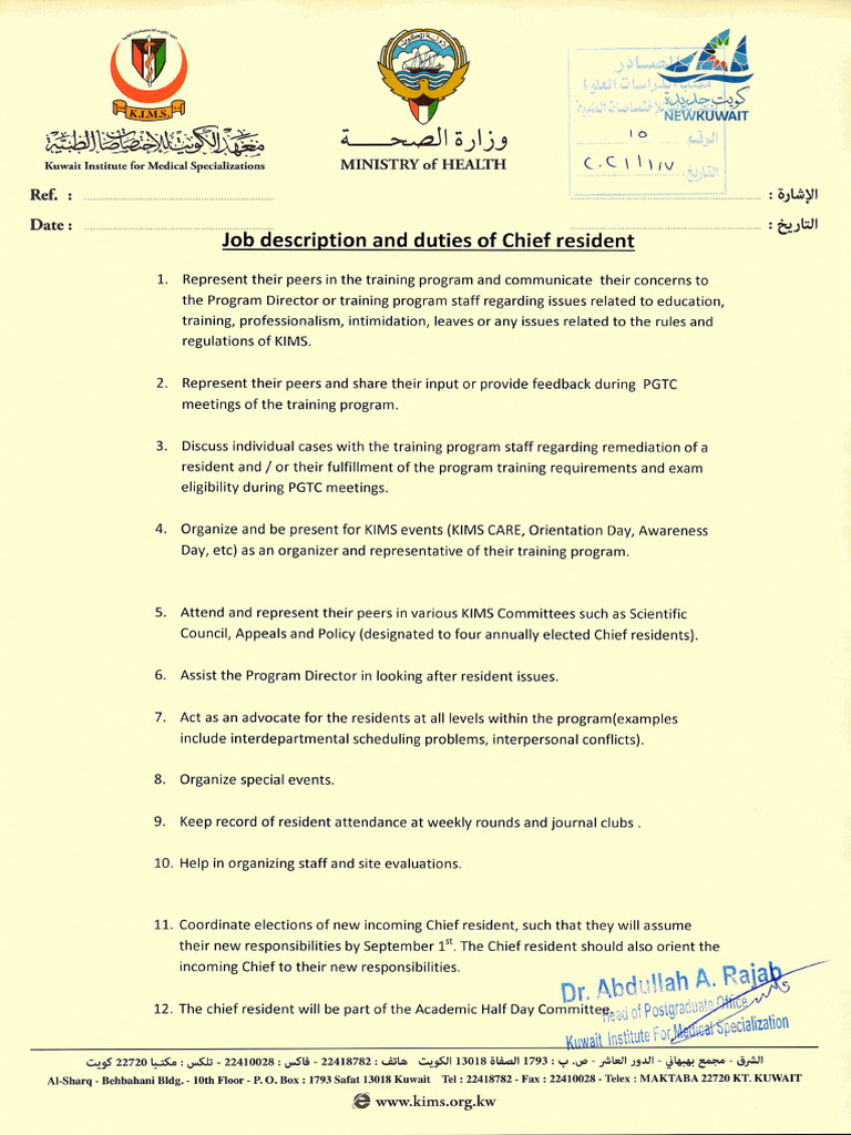 job description & duties of chief resident PDF