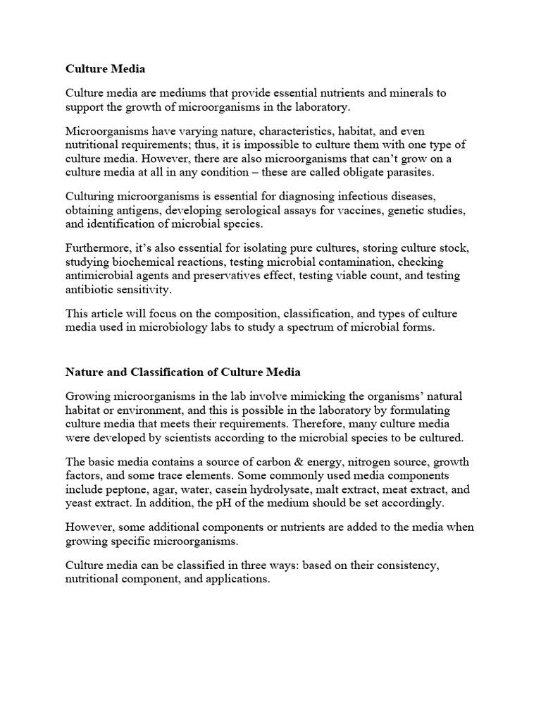 Culture Media Pdf Growth Medium Agar