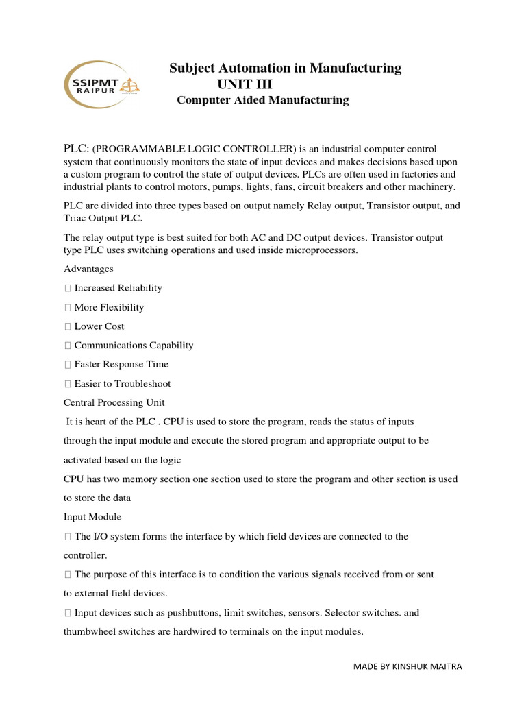 Unit 3 AIM Notes | PDF | Programmable Logic Controller | Input/Output image.