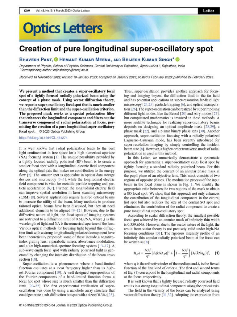Creation of Pure Longitudinal Super-Oscillatory Spot | PDF | Optics ...