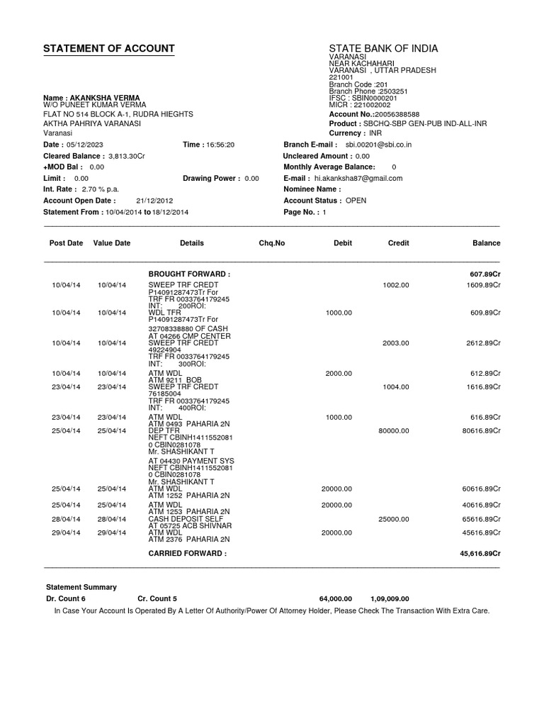 Statement of Account: State Bank of India | PDF | Debit Card | Credit Card