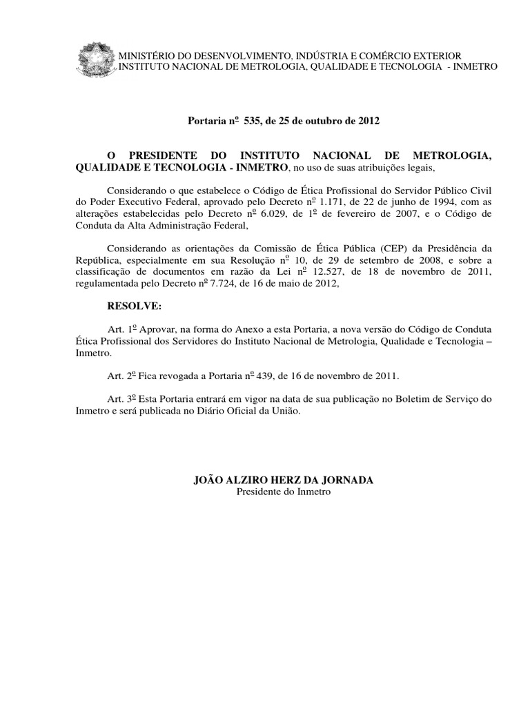 Código de Conduta Ética do Inmetro | PDF | Prova (jurídico) | Serviço civil