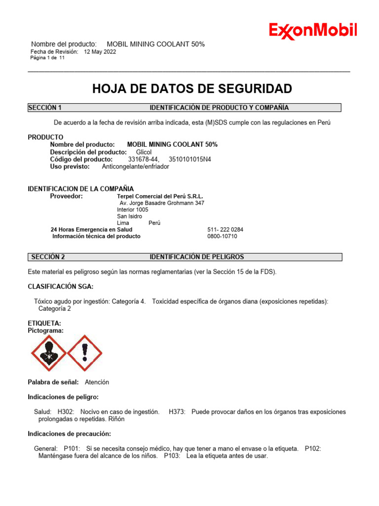 MSDS - Mobil Mining Cooland 50 | PDF