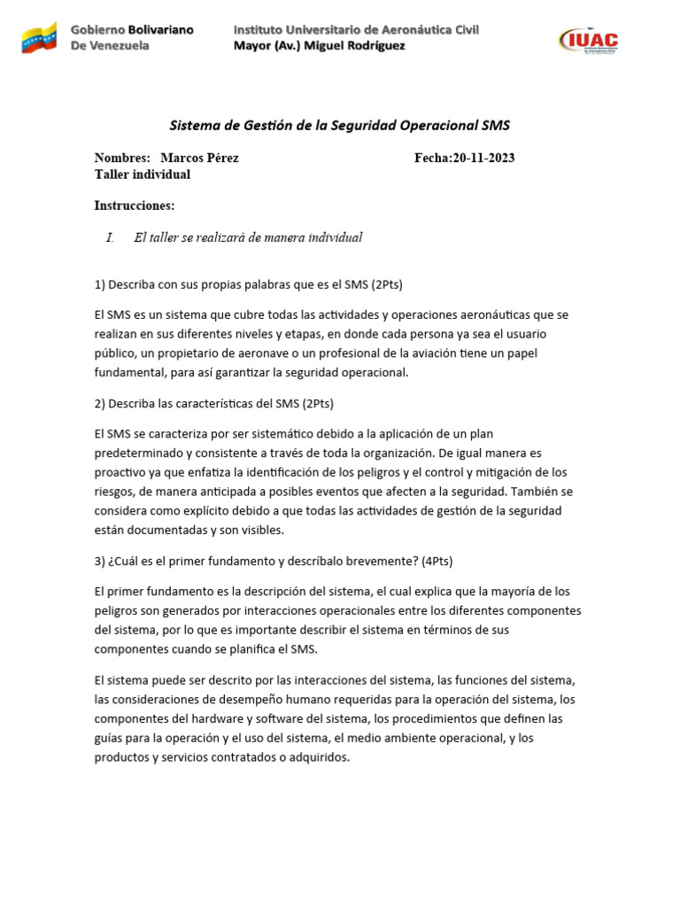 Sistema De Gestión De La Seguridad Operacional Sms Taller Individual