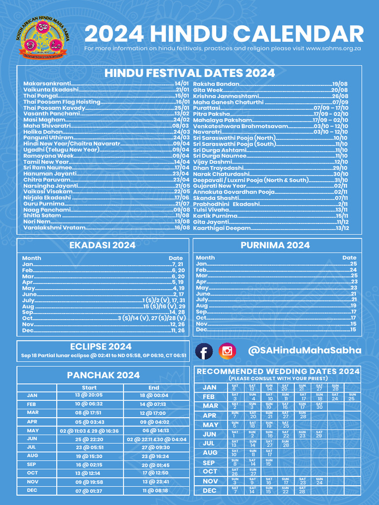 2024 South African Hindu Maha Sabha Calendar Hindu Calender PDF