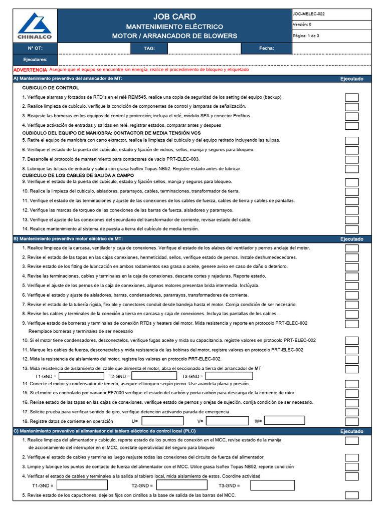 JOB CARD 022 Mantenimiento Motor Arrancador Blowers Descargar