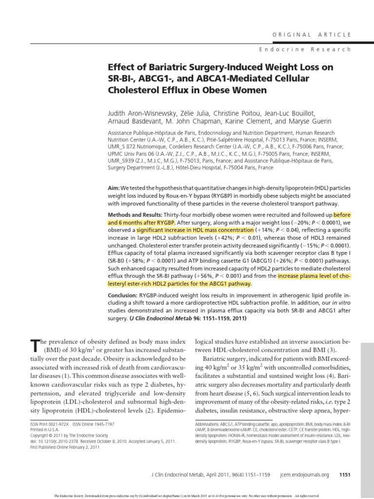 Effect of Bariatric Surgery-Induced Weight Loss On SR-BI-, ABCG1-, and ...