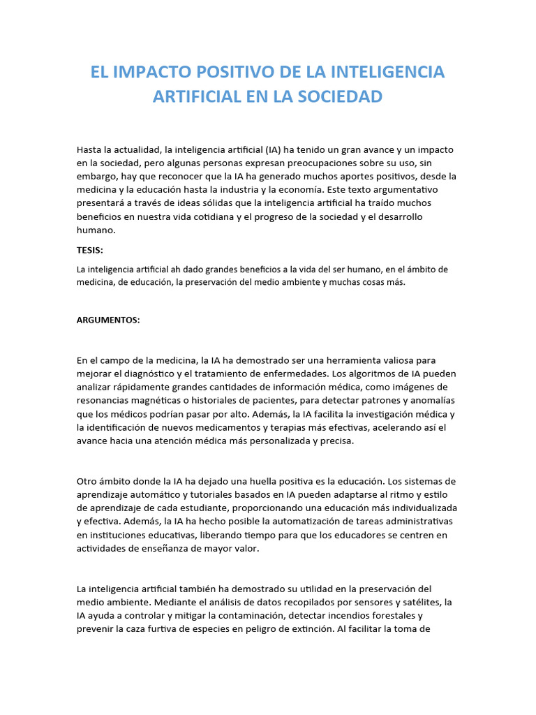 El Impacto Positivo de La Inteligencia Artificial en La Sociedad | PDF ...