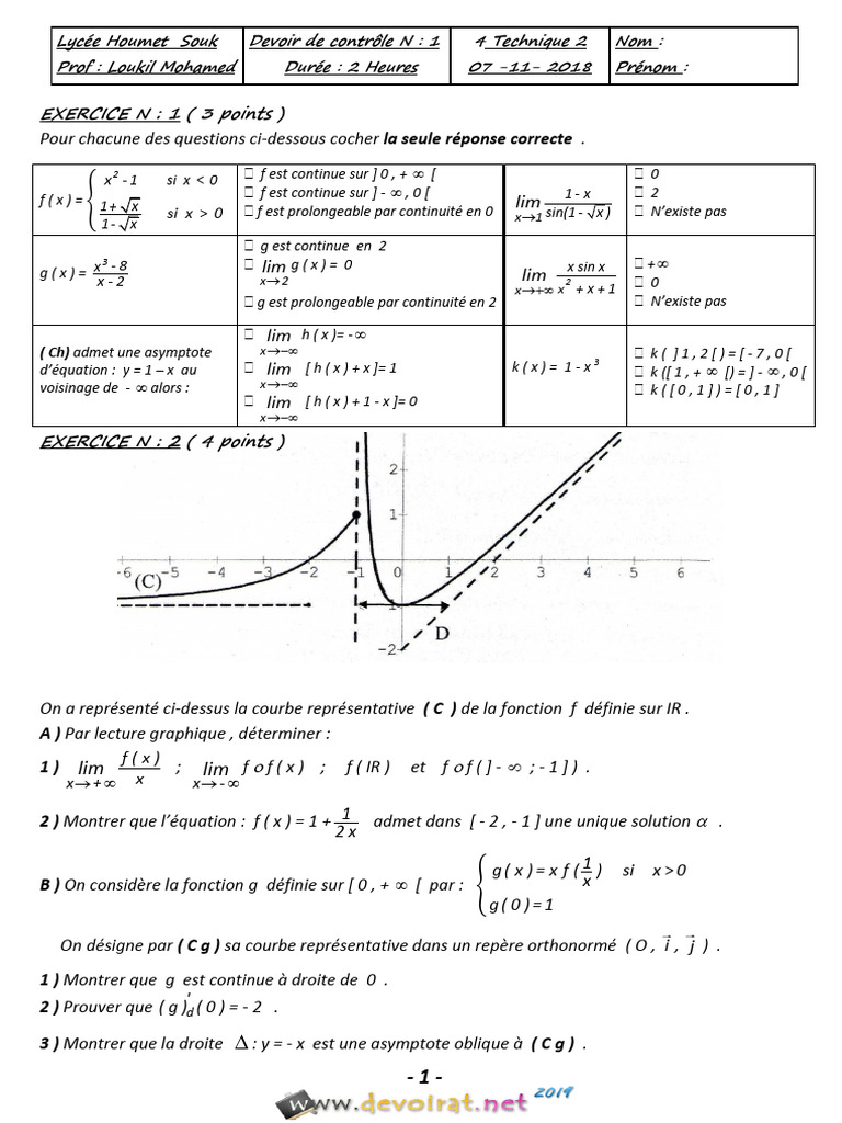 Devoir de contrôle 1 Math Bac Technique | PDF | Analyse mathématique ...