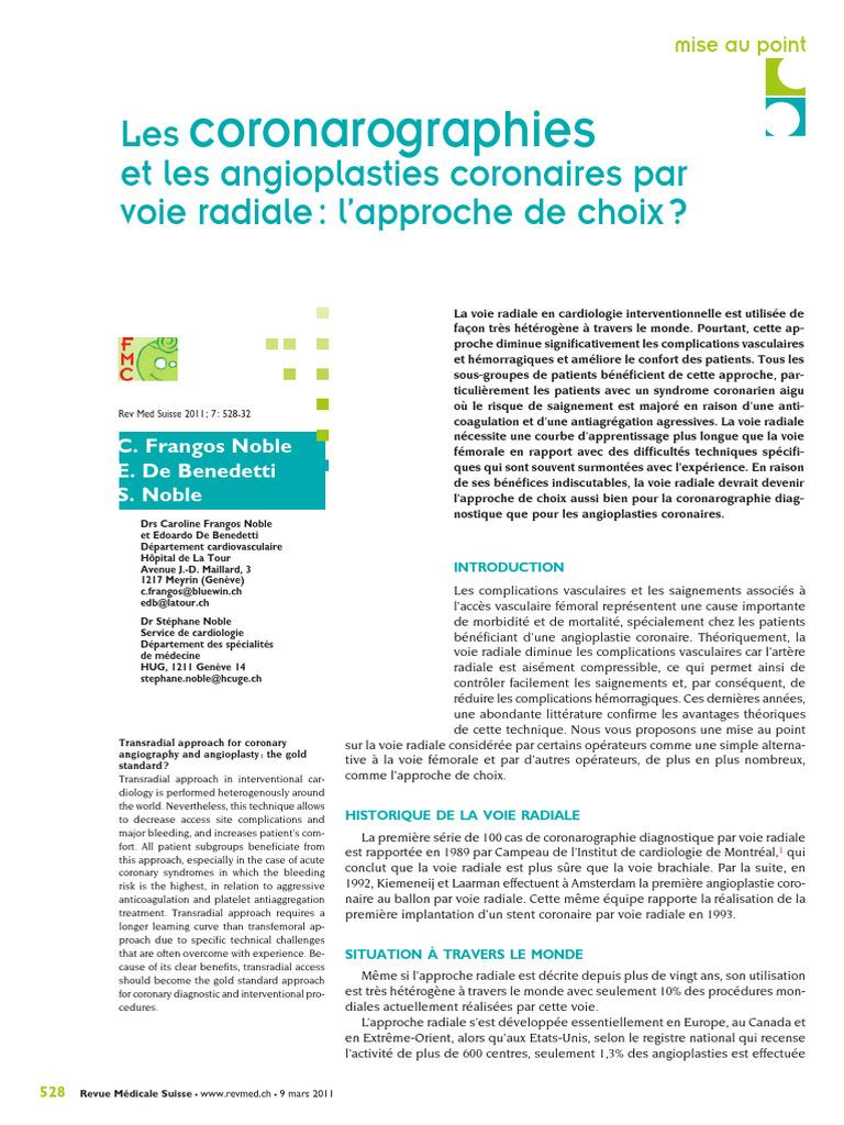 Voie radiale en angioplastie coronaire | PDF | Accident vasculaire ...
