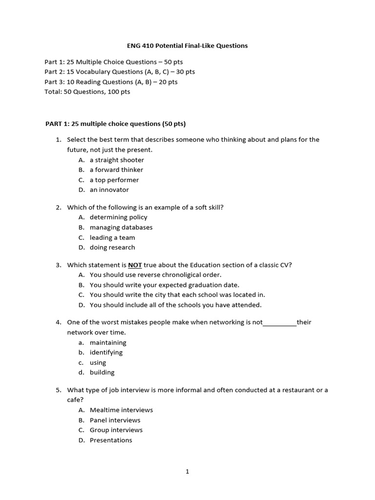 ENG410 Final Quests PDF Cognition
