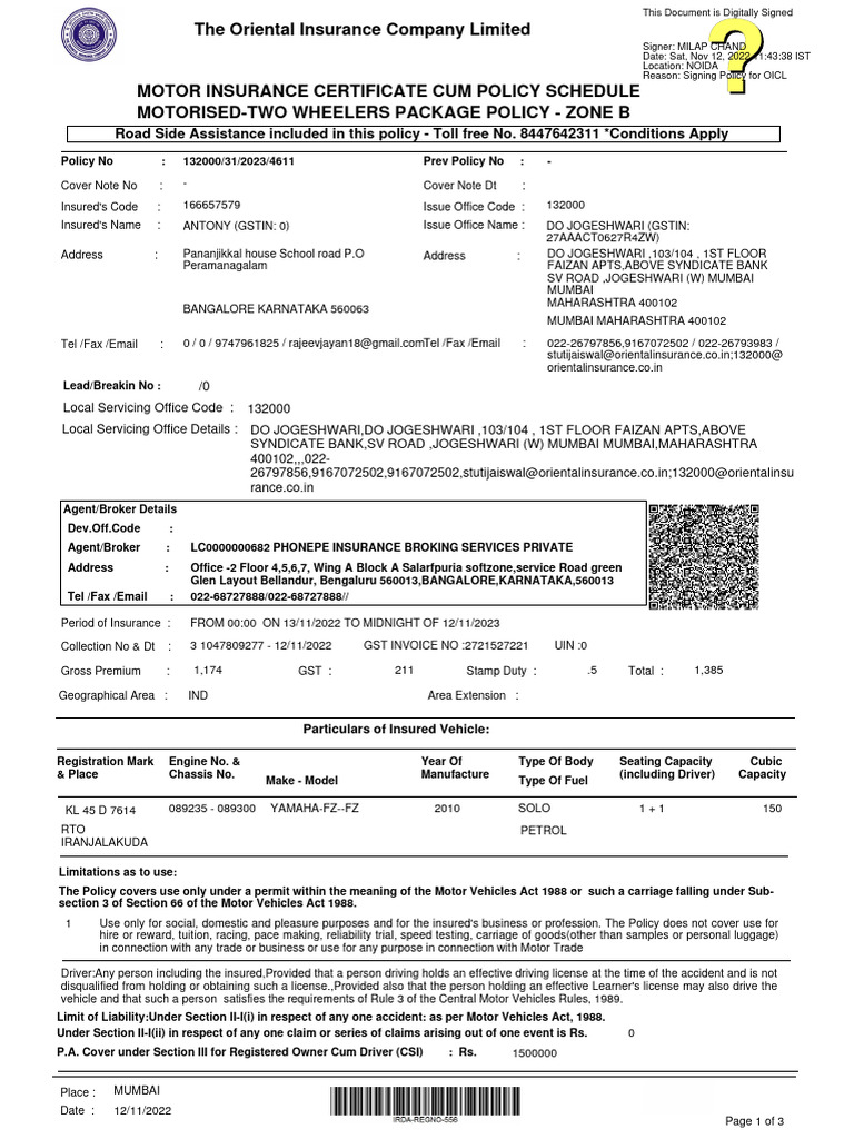 Oriental Two-Wheeler Insurance Policy | PDF | Insurance | Vehicles