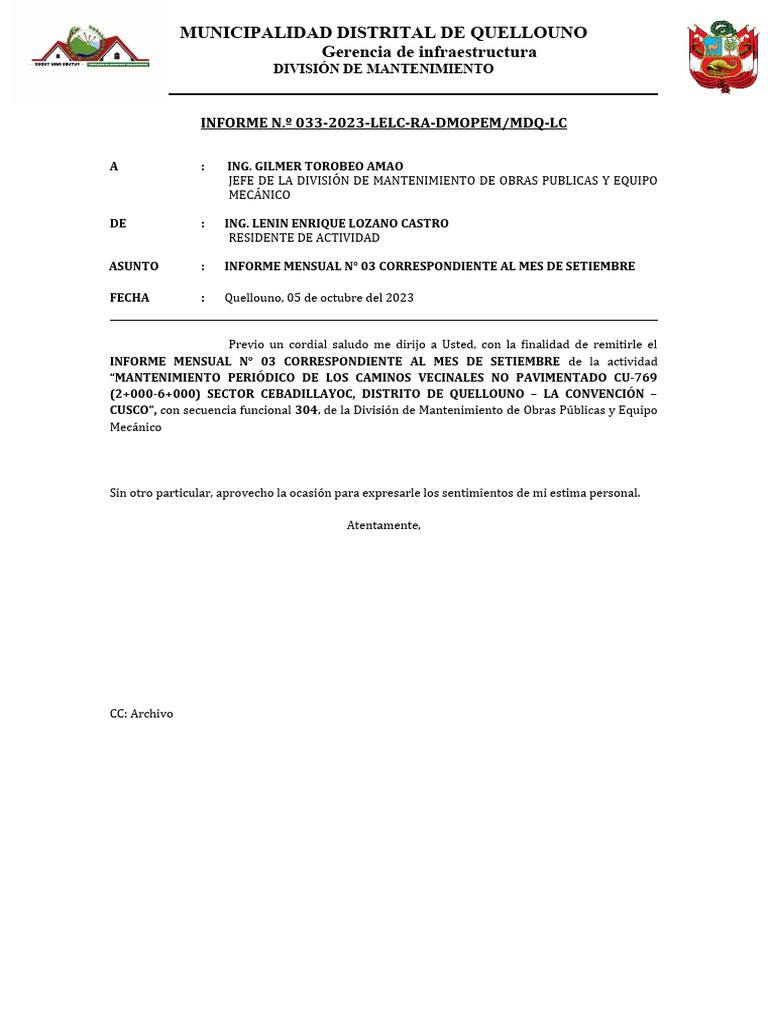 Informe Mensual de Mantenimiento de Caminos | PDF