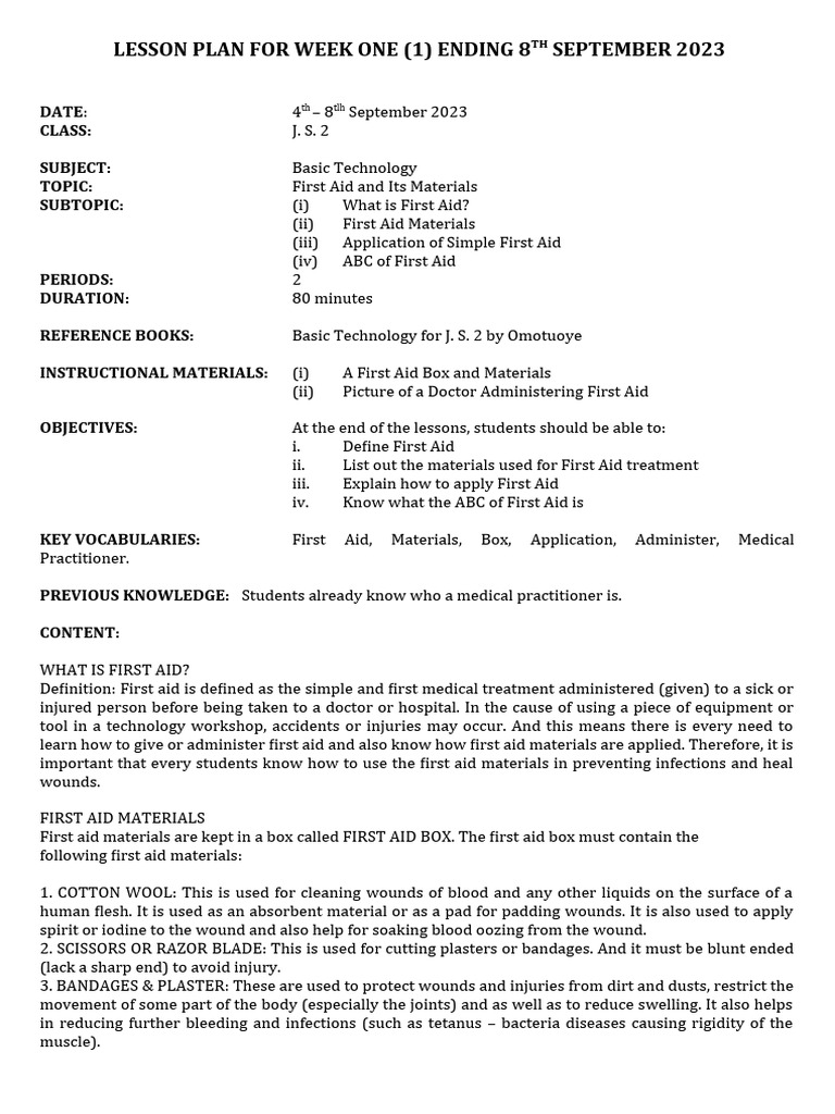 BST JSS 2 - WK 1 Lesson Note | PDF | First Aid | Wound
