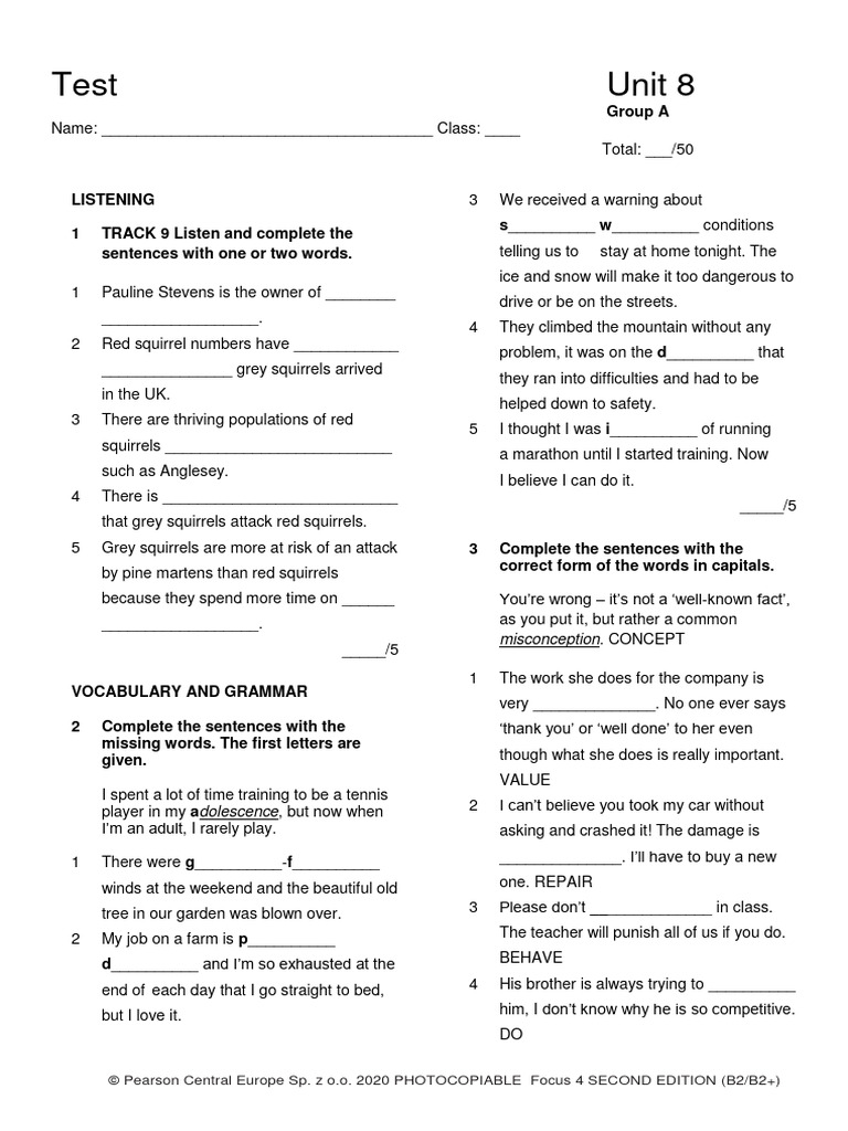 Focus 4 Unit 8 Vocabulary Test A | PDF