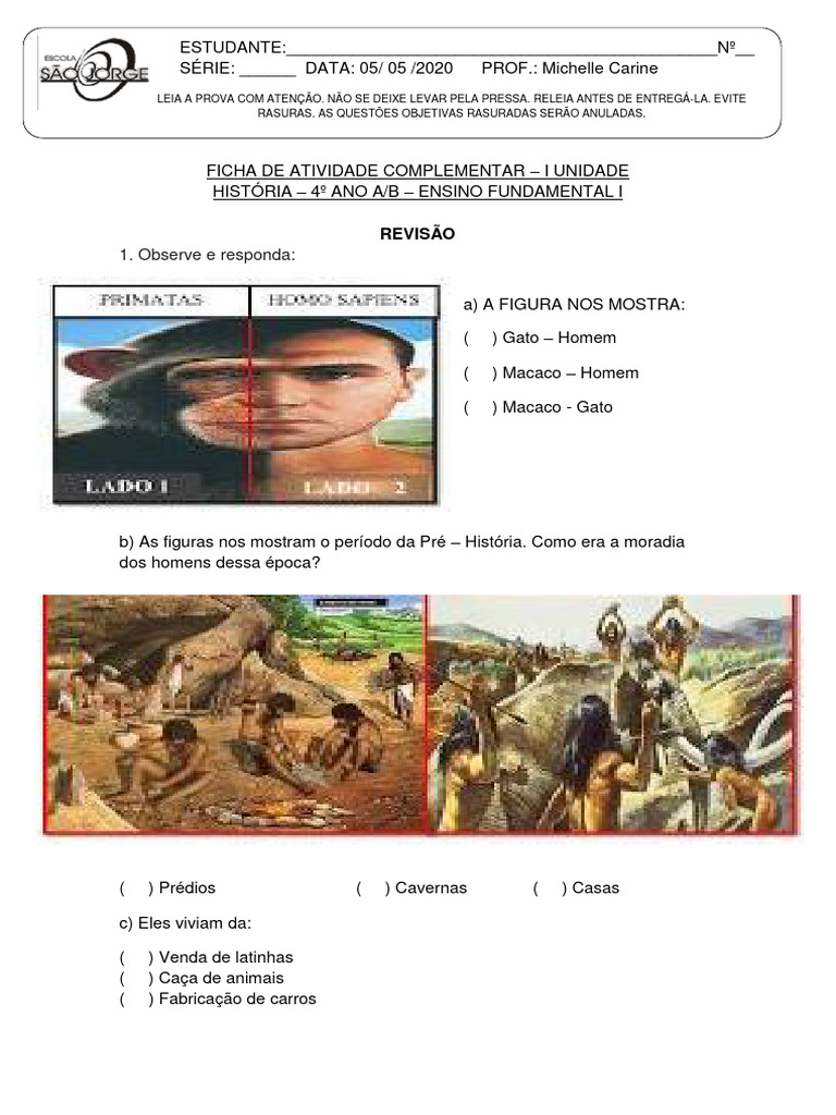 Atividades de História: Pré-História 4º Ano | PDF | Humano