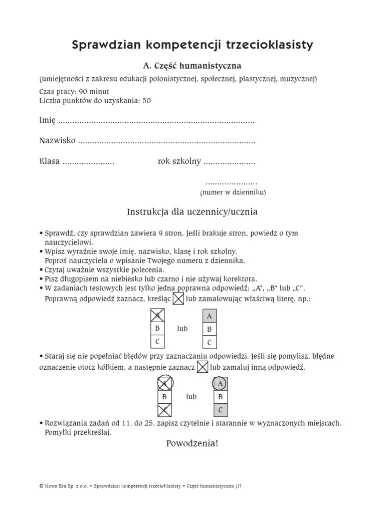 Nowa Era Sprawdziany Klasa 1 Nowa Era - Sprawdzian - Po - kl.3 - Cz.a - Humanistyczna | PDF