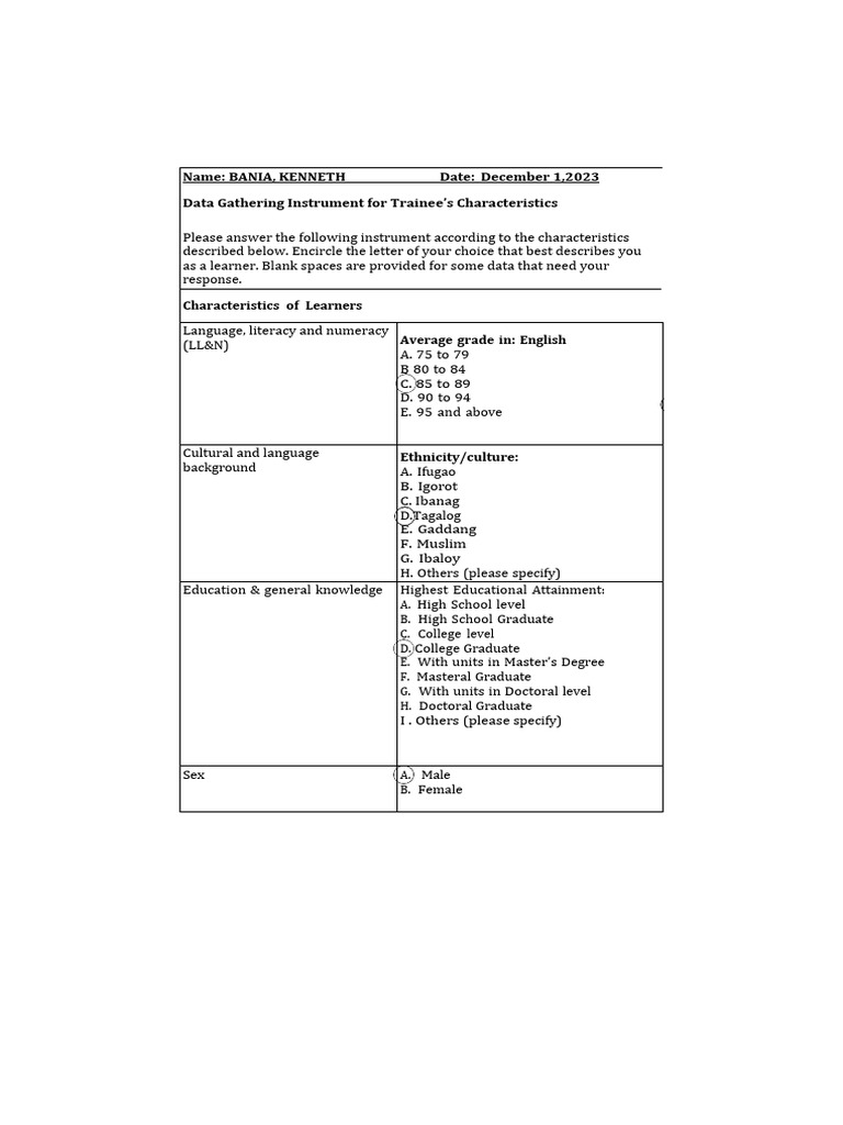 Trainee Characteristics Survey in Tagalog | PDF | Learning | Learning ...