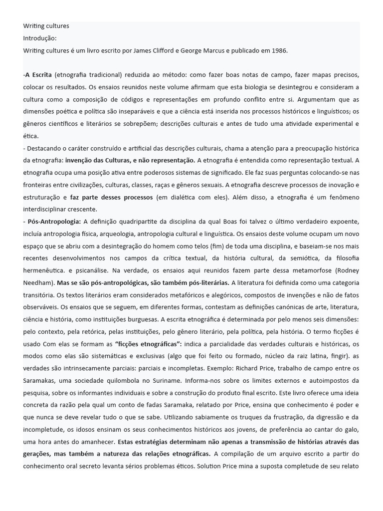 Writing Cultures Introdução Writing Cultures É Um Livro Escrito Por ...