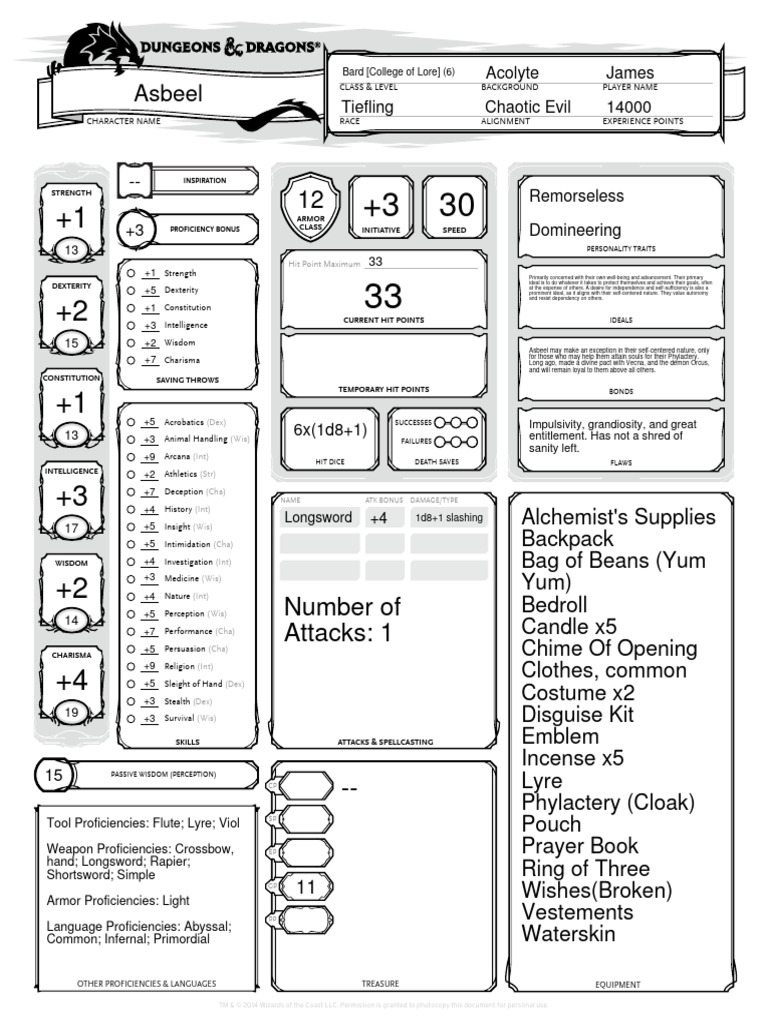 D&D Character Sheet: Asbeel the Bard | PDF