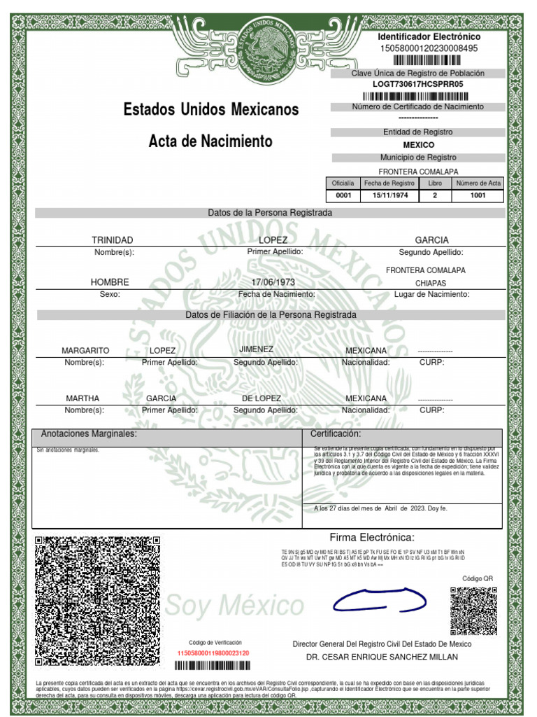 Acta de Nacimiento: Trinidad López | PDF | Información del gobierno |  Aplicaciones de la criptografía