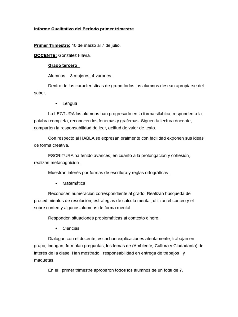 Informe Cualitativo Primer Trimestre | PDF | Escritura | Palabra