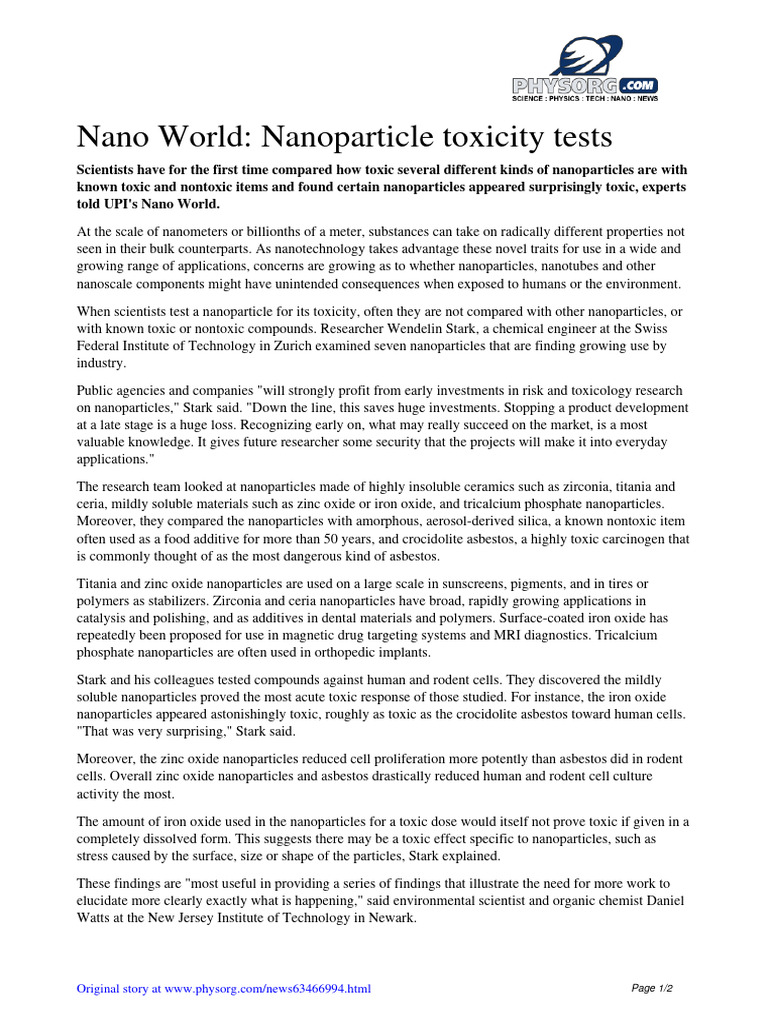 Nanoparticle Toxicity Tests | PDF | Nanotechnology | Nanoparticle