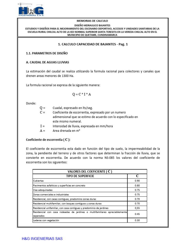 MEMORIAS DE CALCULO BAJANTES VEREDA CHILCAL ALTO | PDF | Ingeniero ...