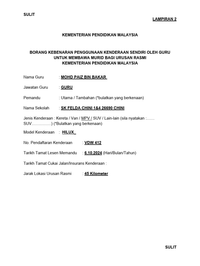 BORANG KEBENARAN MEMBAWA KENDERAAN SENDIRI (2) | PDF