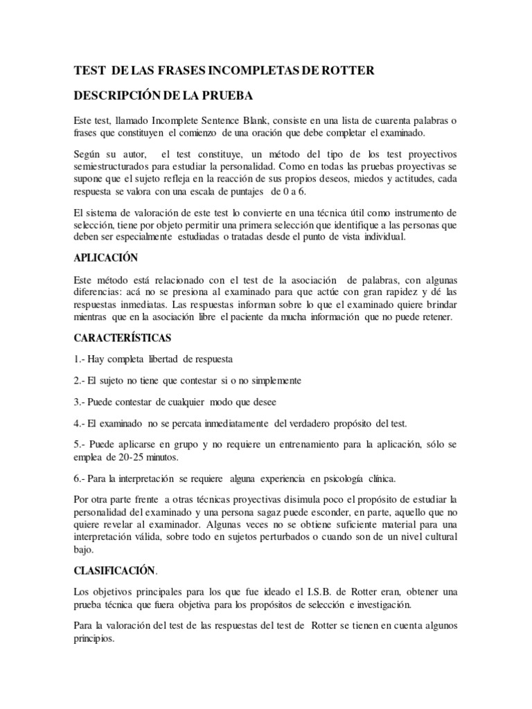 Test de Las Frases Incompletas de Rotter | PDF | Temor | Sicología