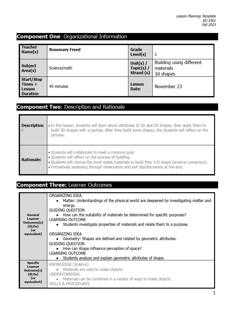 3D Shape Building Lesson Plan | PDF | Shape | Cognitive Science