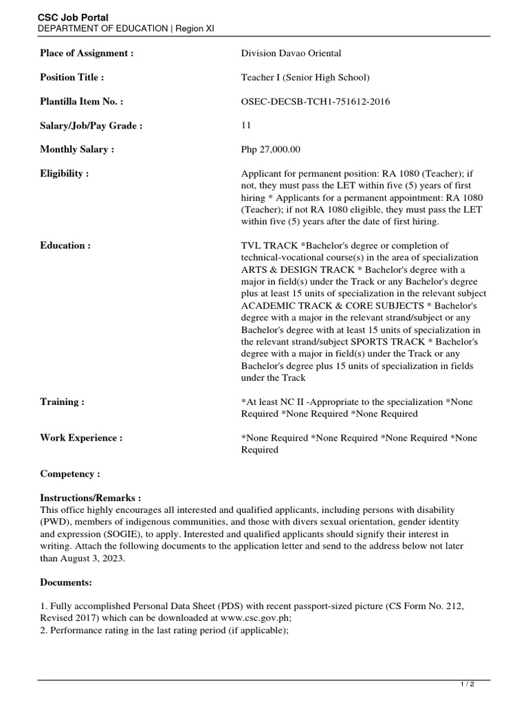 Teacher I Position in Davao Oriental | PDF | Teachers