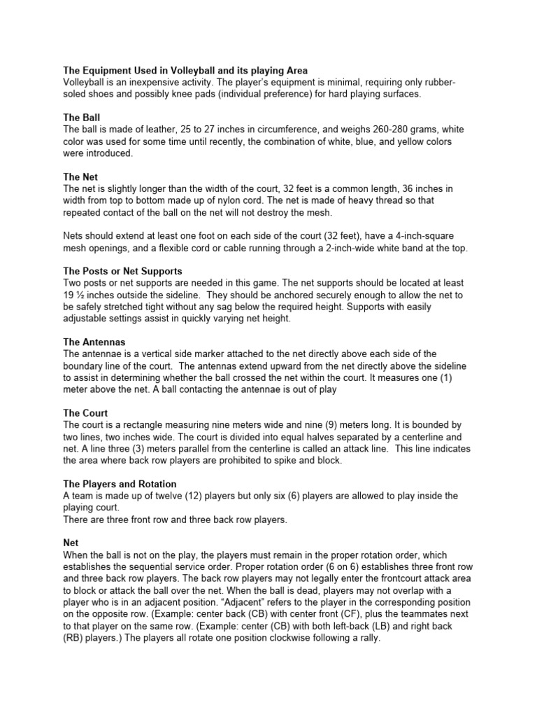 The Equipment Used in Volleyball and Its Playing Area PDF Volleyball