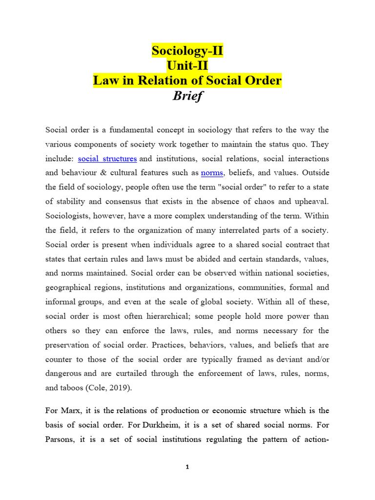 Study MaterialLaw in Relation of Social Order PDF Sociology