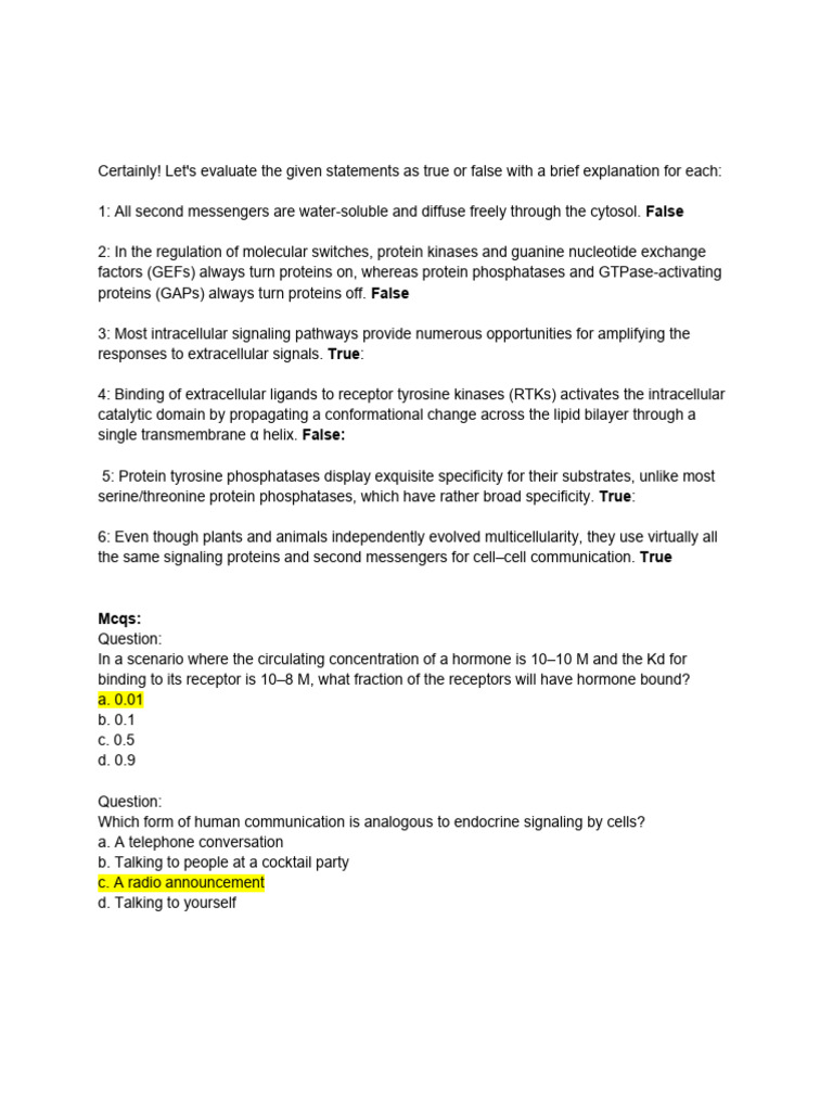 Molecular Bio Questions PDF Cell Signaling Signal Transduction