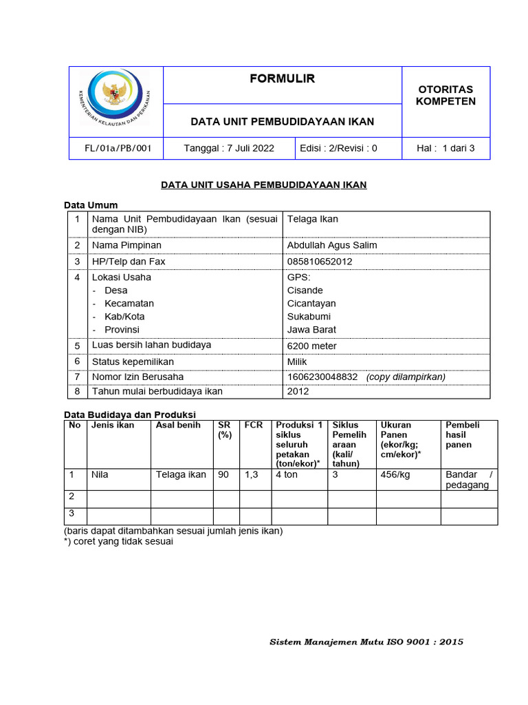 Data Unit Budidaya Ikan Telaga Ikan | PDF