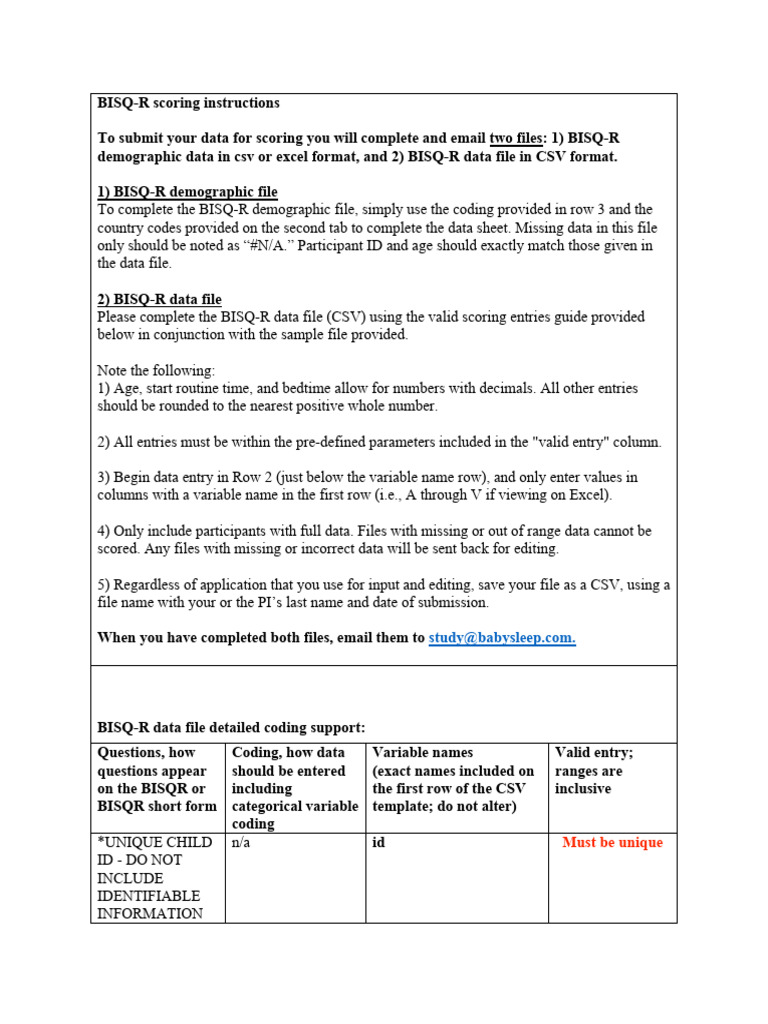 BISQ-R Scoring Submission Guide | PDF | Infants | Comma Separated Values
