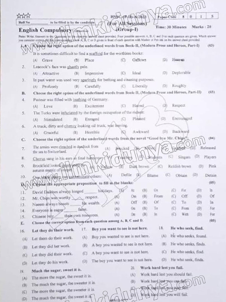 Past Paper 2023 Inter Part II Rawalpindi Board English Objective | PDF