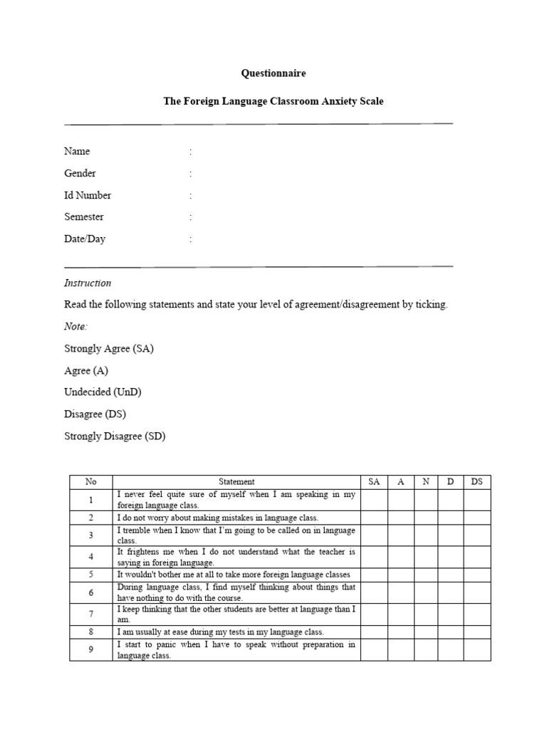 Foreign Language Classroom Anxiety Survey | PDF | Foreign Language ...