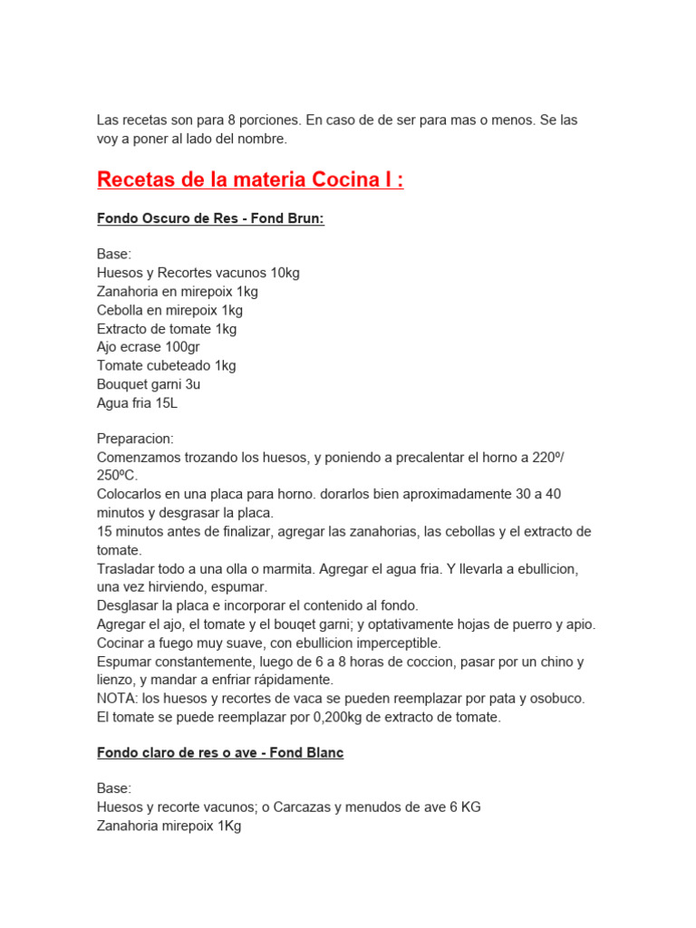 Recetas de Cocina I: Fondos y Salsas | PDF | Cocina, comidas y vino ...