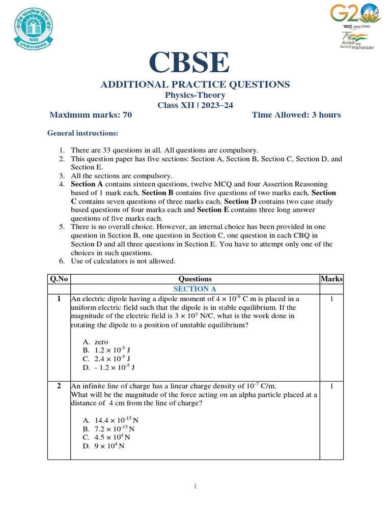 Class 12 Physics Practice Questions | PDF | Science & Mathematics
