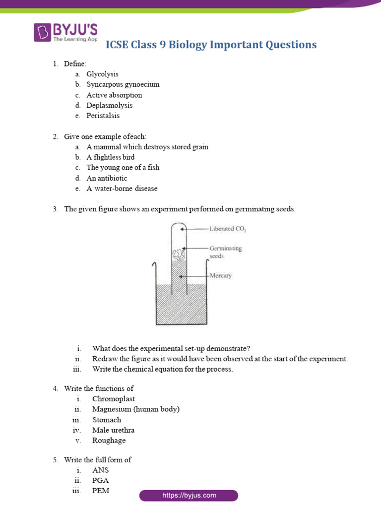 Class 9 ICSE Biology Key Questions | PDF