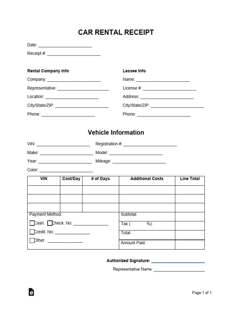 Car Rental Receipt Template | PDF
