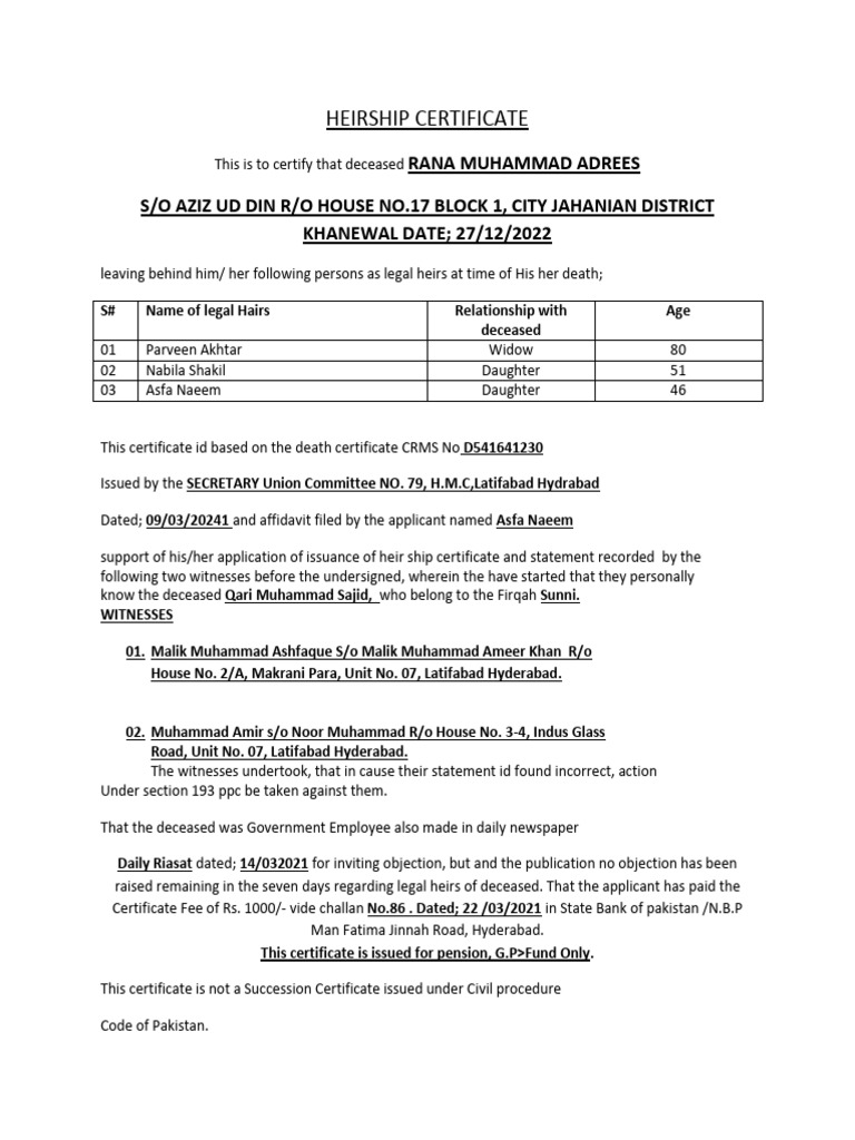 Legal Heirship Certificate Meaning In Tamil