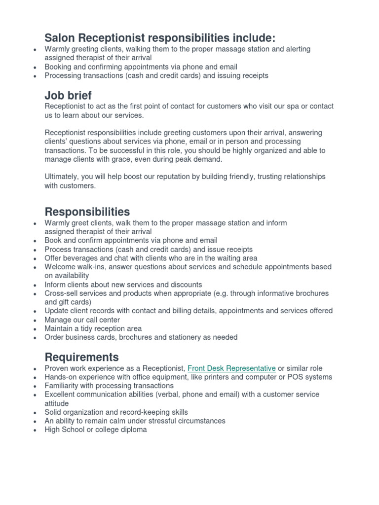 Salon Receptionist responsibilities include PDF