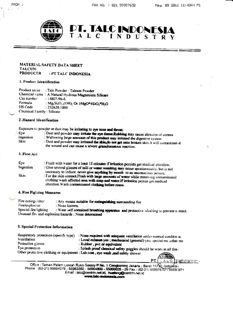 MSDS Talc Powder PDF