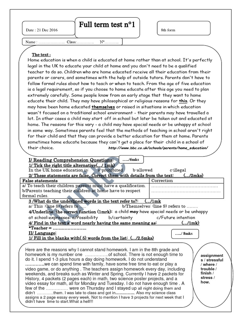 Devoir De Synthese N1 8eme Annee De Base Anglais 2016 Sidi Bou Zid