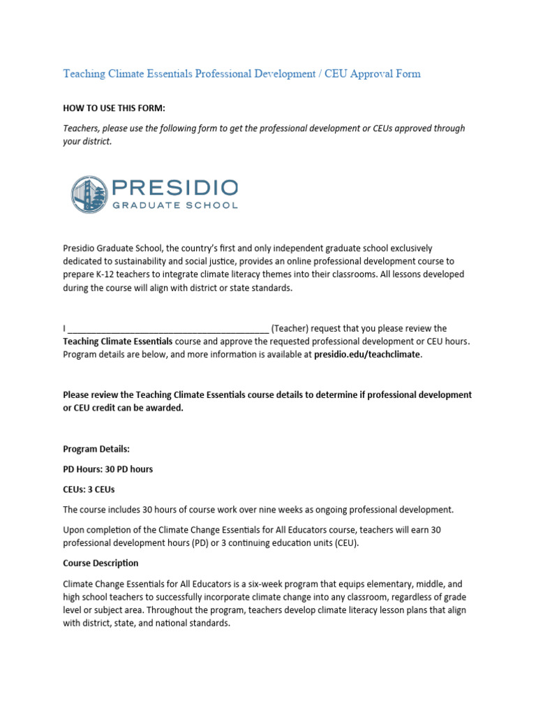 Teaching Climate Essentials PD CEU Approval Form 2223 PDF