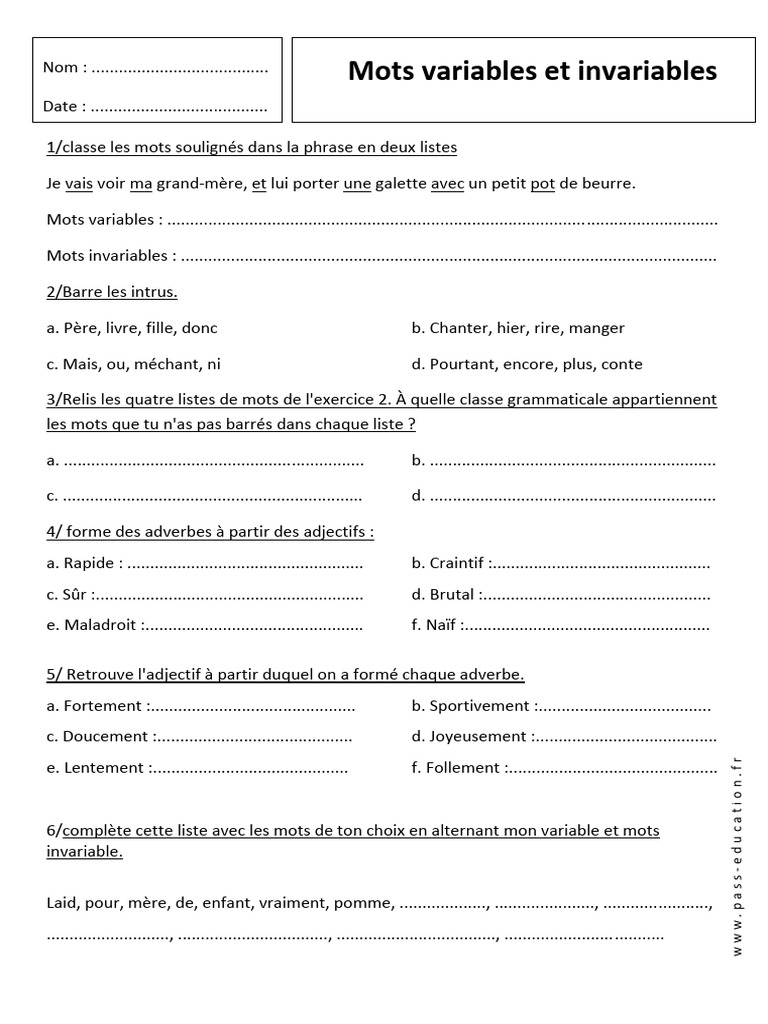 Exercices Mots Variables Et Invariables 1 | PDF | Typologie ...