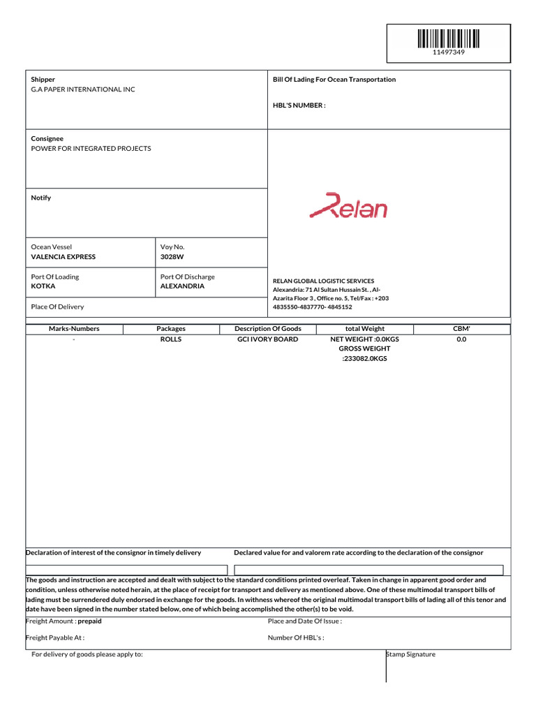 Ocean Bill Of Lading Pdf Cargo Bill Of Lading